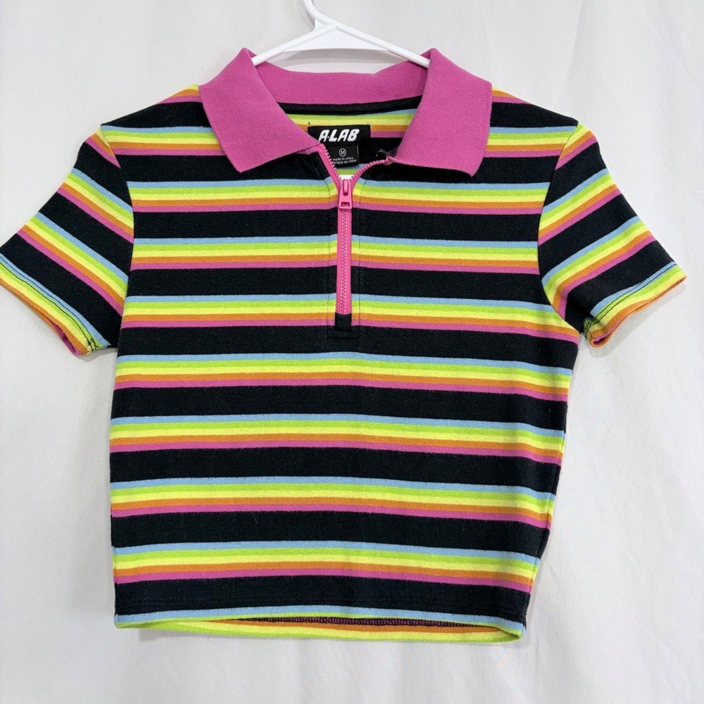 Y2K A.LAB Rainbow Striped Cropped Polo Shirt Half Zip Womens Medium